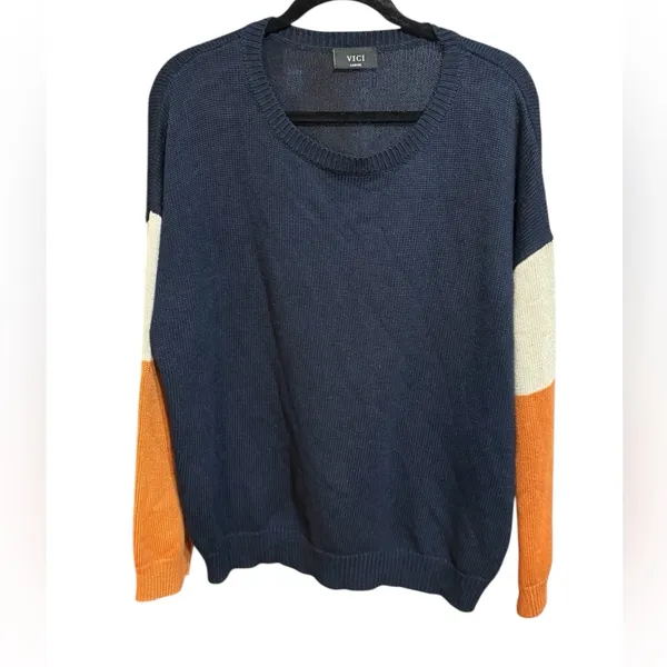 VICI Colorblock Knit Sweater Navy Rust Cream Casual‎ Chic sz L - Image 3