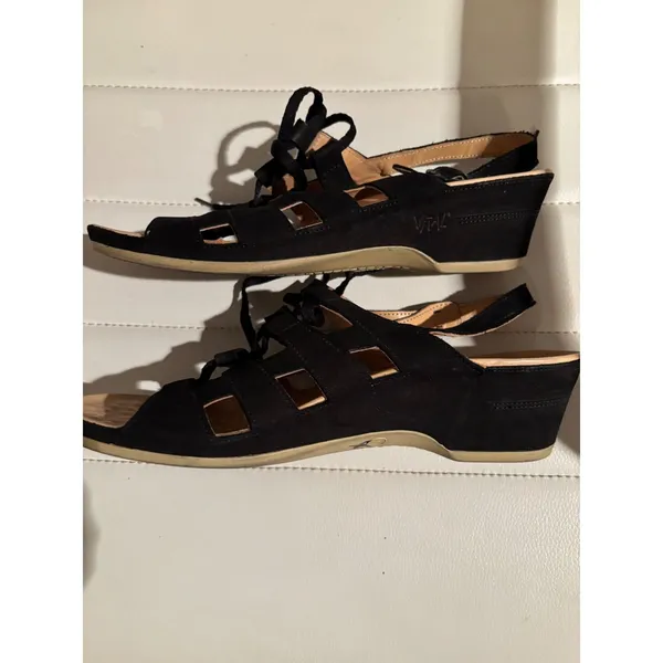 VITAL Black Suede Lace‎ Up Wedge Sandals Women's Size 38 US 7.5 Made in Austria - Image 6
