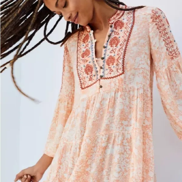 Anthropologie Claudia Embroidered Babydoll Tunic spring Boho Western peach - Image 2