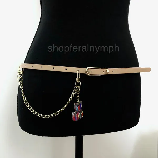 Tan Y2K Bookworm Cat Charm Skinny Chain Belt, Fits 33.5-35 Inches, X7GA1243 - Image 4