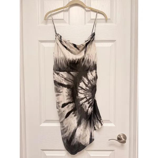 Retrofete Auris 100% Silk Tie Dye Asymmetrical Mini Dress Black White Large - Image 3