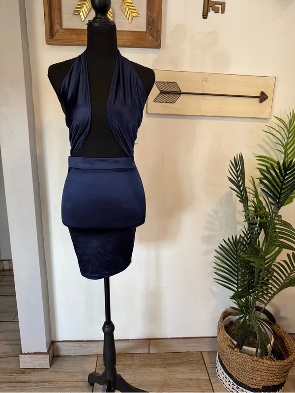 Windsor Navy Satin Halter Cutout Mini Dress - Image 3