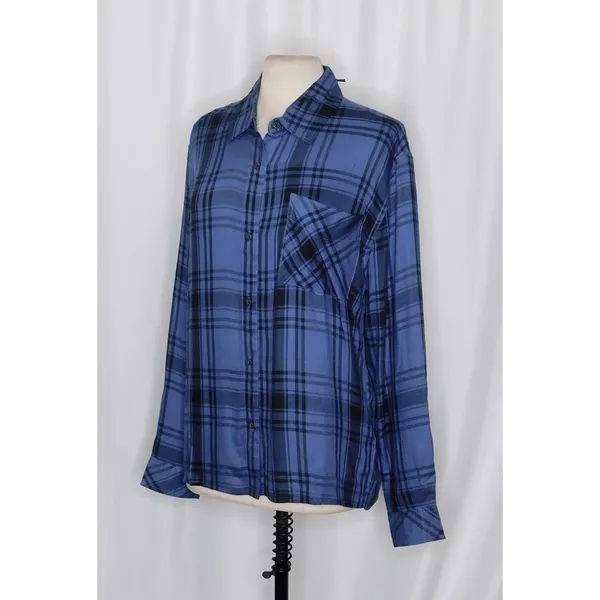 NWT!! WEWOREWHAT Boyfriend Shirt Plaid Navy Blue Collared Oversized Small Medium - Image 5