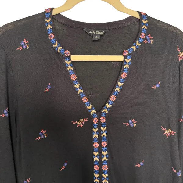 Lucky Brand Black Colorful Floral Embroidered Tunic Top Size S - Image 4