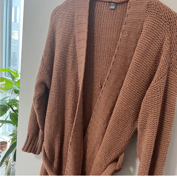 Aerie Light Brown/Tan Belted Mid-Length Cardigan Sweater | Size Medium - Image 9