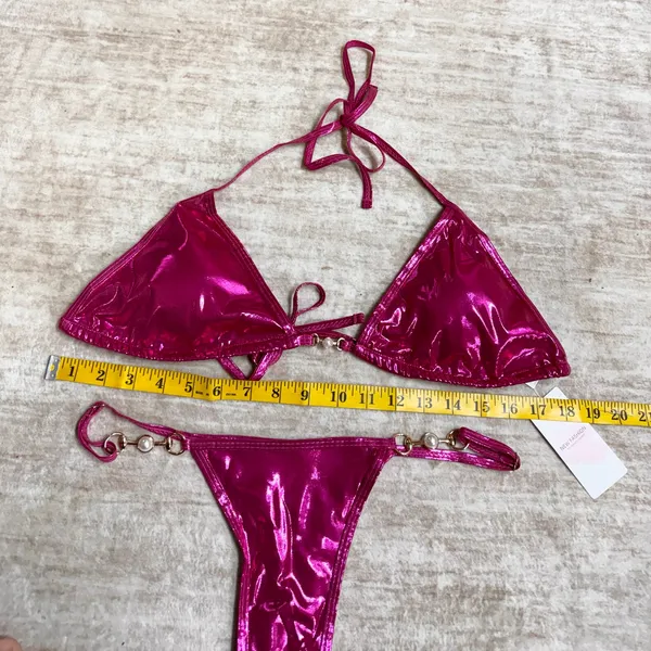 New Fashion Women’s Large Hot Pink Metallic Bikini Swimsuit Thong Rave Festival - Image 5