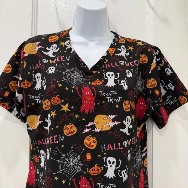 Scrub Top Womens Medium Black Halloween Ghost Pumpkin Print V Neck Tunic - Image 2