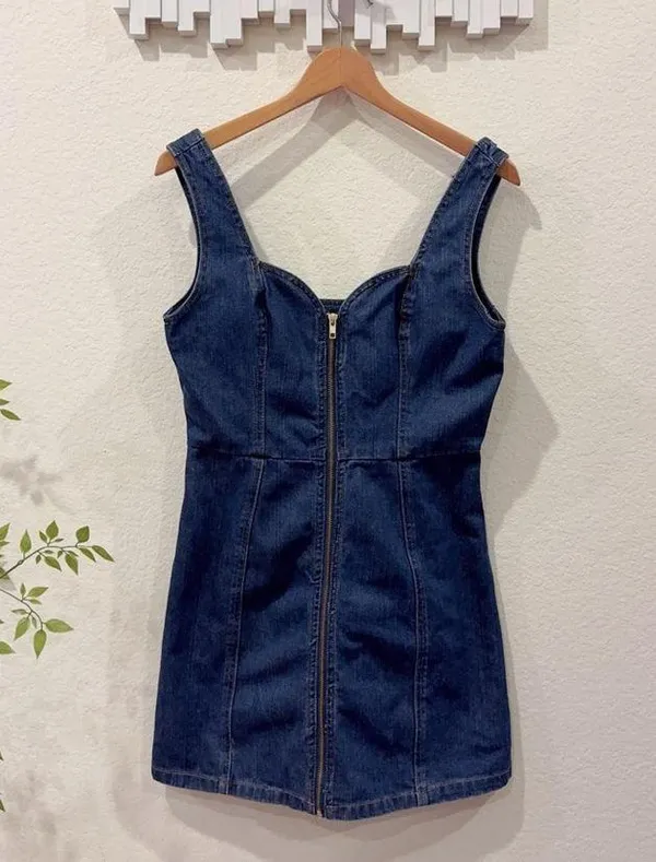 Honey Punch Vintange Blue Wash Cotton Denim Zip Mini Dress Size M Preowned - Image 2
