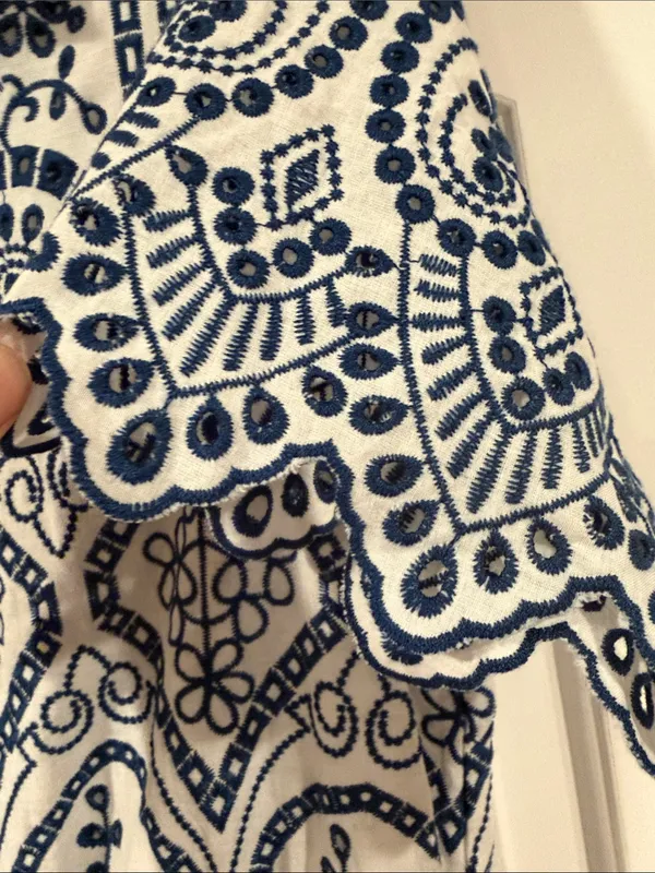 Elie Tahari Navy and White Lace-eyelet Pattern Midi‎ Dress medium - Image 8