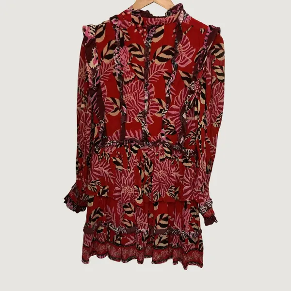 Farm Rio Red Tropical Tapestry Ruffle Tiered Mini Dress XS Floral Long Sleeve - Image 12