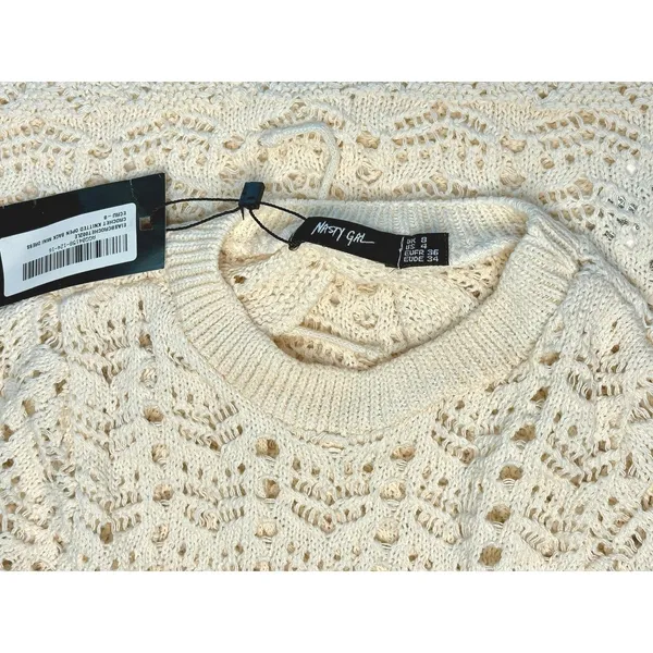 Nasty Gal Ecru Crochet Knitted Open Back Mini Dress Long‎ Sleeve Boho Size 4 NEW - Image 5