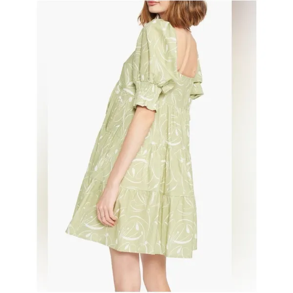 EN SAISON Idrissy Mini Dress Green Floral Puff Sleeve Bow Front Open Back Small - Image 2