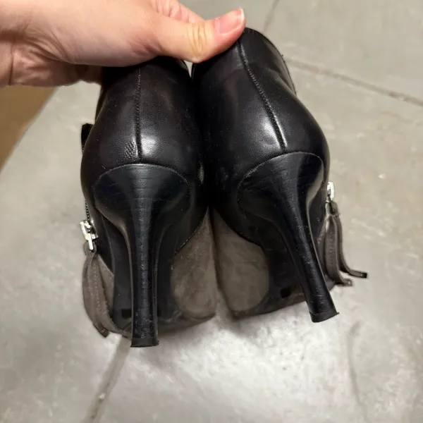 Franco Sarto Black & Charcoal Almond Toe Suede Leather Heeled Ankle Boots 6 GUC - Image 3
