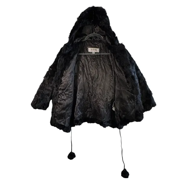 Wilsons Leather Maxima Genuine Fur Coat Hooded Black Belted Pom Luxury‎ Small - Image 9