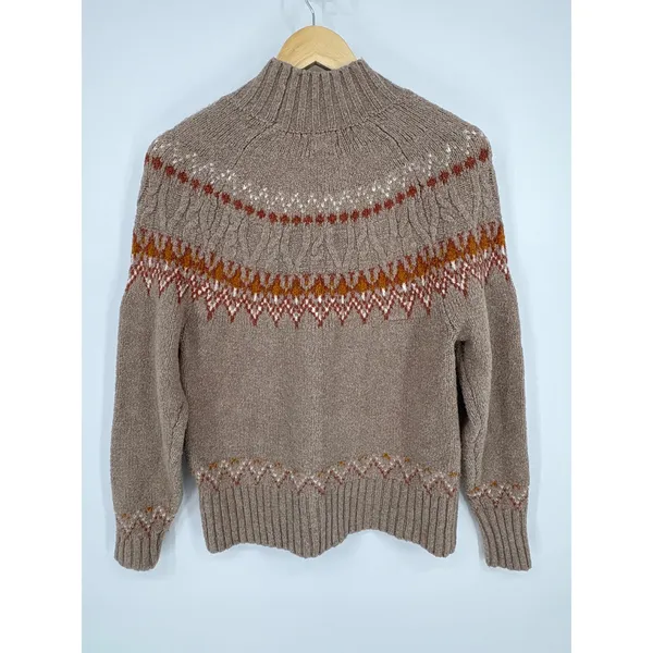 Artelier Nicole Miller Fair Isle Mock Neck Sweater Medium Brown Nordic Yoke Knit - Image 6