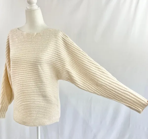 New Lush Lurex Ribbed Boat Neck Sweater Off The Shoulder Long Sleeve Cream Gold - Image 6