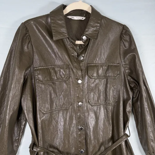 Zara Size-M Womens Mini Dress Green Faux Leather‎ Long Sleeve Belted - Image 10