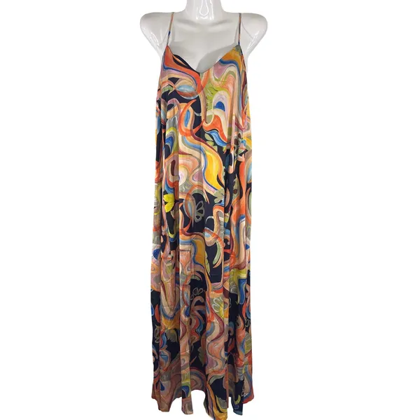 Nicole Miller New York‎ Abstract Swirl Print V-Neck Maxi Dress Multicolor M NWT - Image 3