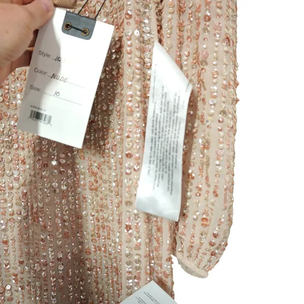 Mac Duggal Pink Nude Sequin V-Neck Long‎ Sleeve Midi Dress Size 10 NWT Formal - Image 8
