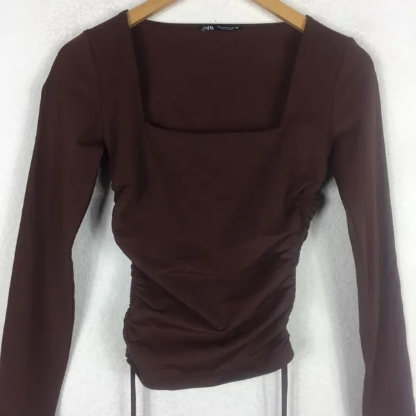 ZARA Brown Square Neck Ruched Stretch Jersey Top With Side Gathering Large - Image 9