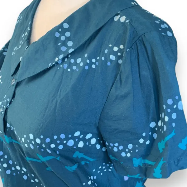ModCloth Ocean Shark‎ Print Blouse Peter Pan Collar Blue Nautical Top Retro - Image 4