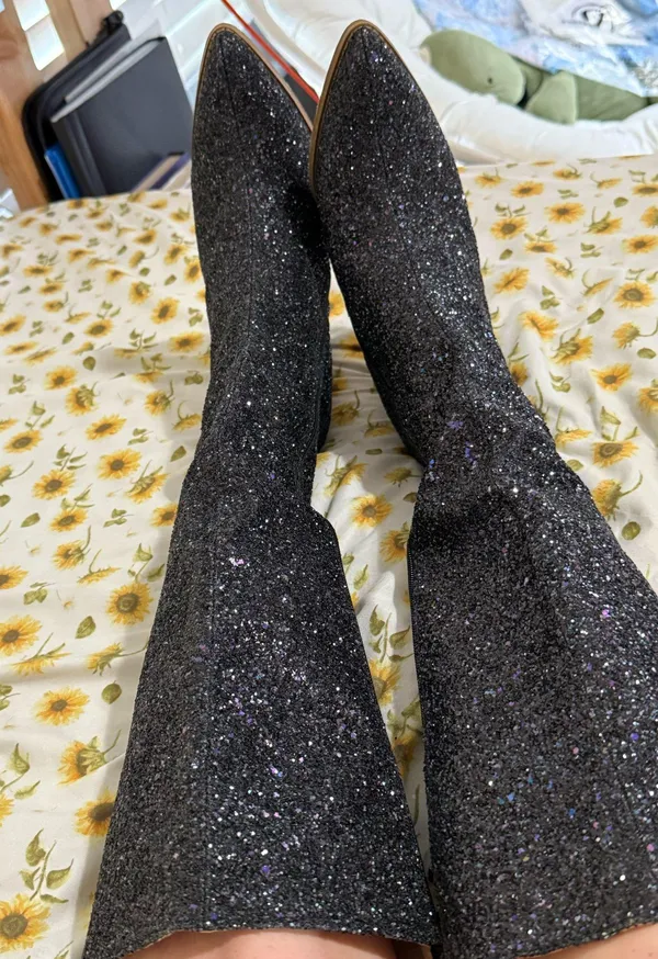 Knee High Heel Glitter Boots Black Size 10 - Image 2
