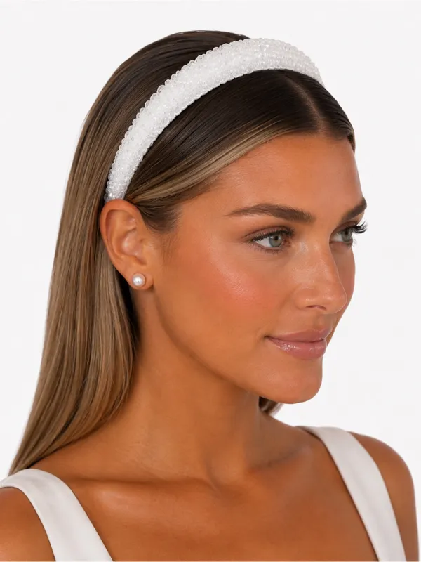 White Faceted Beaded Padded Headband Bridal Coquette Wedding Hair Accessory - Image 3