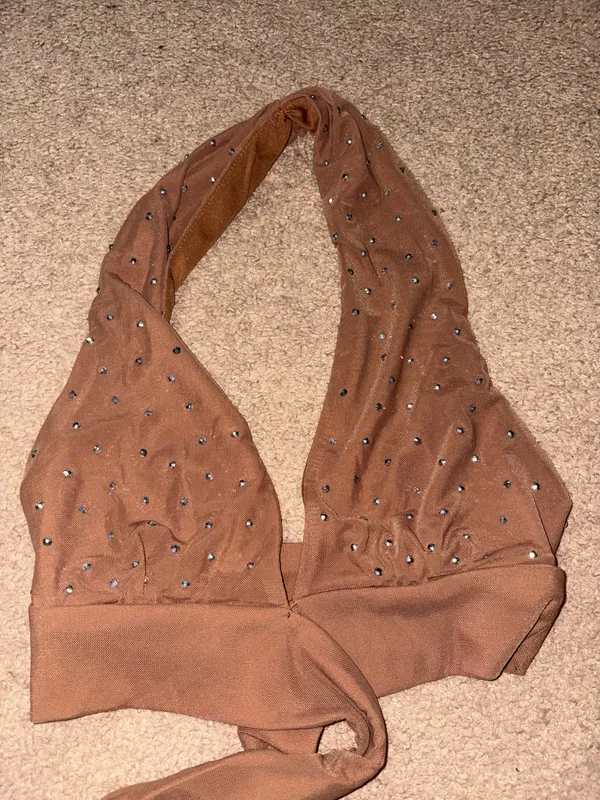Boutique Cropped Rhinestone Tie Top Brown - Image 3