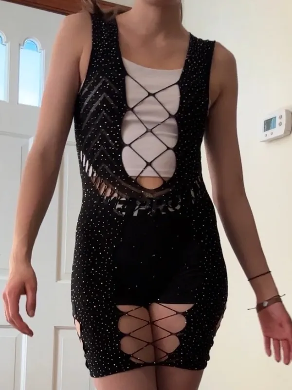 Amazon Black Studded Cutout Bodycon Dress - Image 2