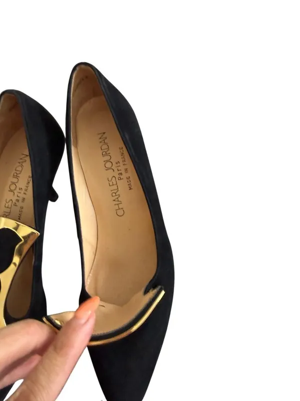 CHARLES JOURDAN Vintage Black Gold Suede Heels Size 6.5 NEW NWOB - Image 3