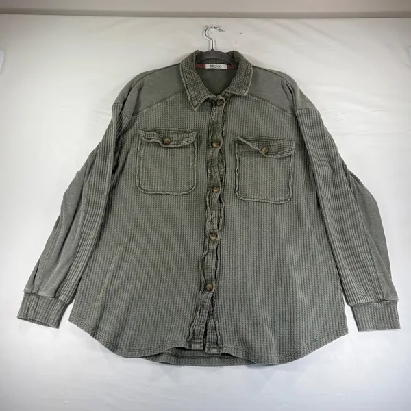 Briggs Womens XL Sage Green Waffle Knit Shacket Mixed Media Button Down Shirt - Image 2