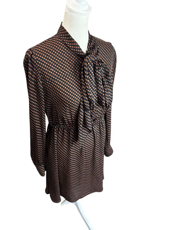 Tara Jarmon Brown Black Polka Dot Bow Tie Long Sleeve Fit Flare Mini Dress 6 - Image 3