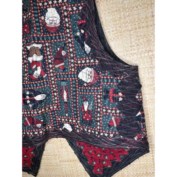 Handmade Reversible Quilted Christmas Vest Santa Claus Folk Art Red Green L - Image 4