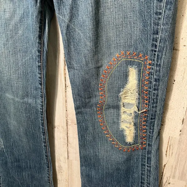 Vintage Y2k July 25 Patchwork Boho Embroidered Distressed Flare‎ Jeans Womens 31 - Image 2
