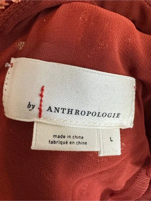Anthropologie Floral Sequin Rust Orange Ruffle Tie Blouse Womens Large - Image 6