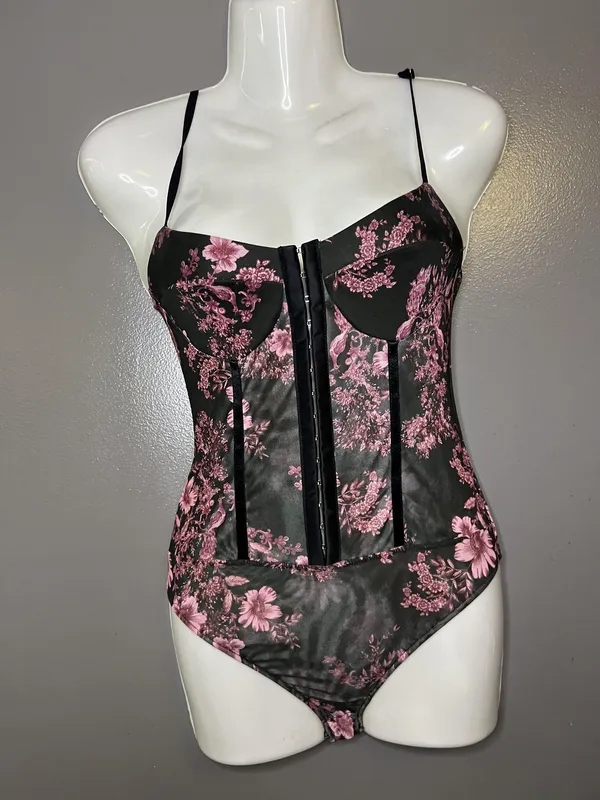 Free People Bodysuit Womens Small Black Combo Floral Mesh Front Hook Corset - Image 2