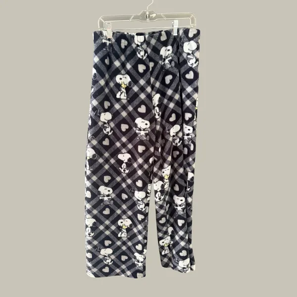 Munki Munki Peanuts Snoopy Fleece Pajama Set XL Black White Plaid Hearts Button - Image 9