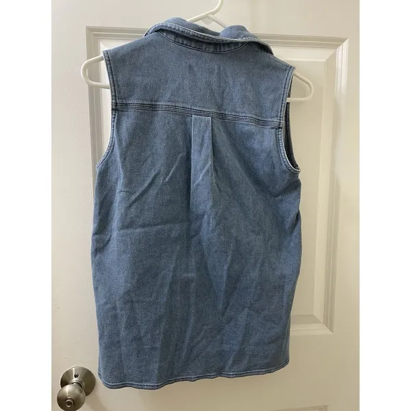 Vintage L.L. Bean Blue Denim Button Down Tank Top Sleeveless Shirt Women's XS - Image 6