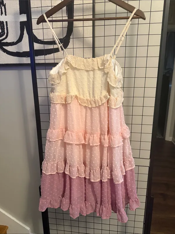 Womens Ruffled Tiered Spaghetti-Strap Dress in Pink and Cream - Image 2