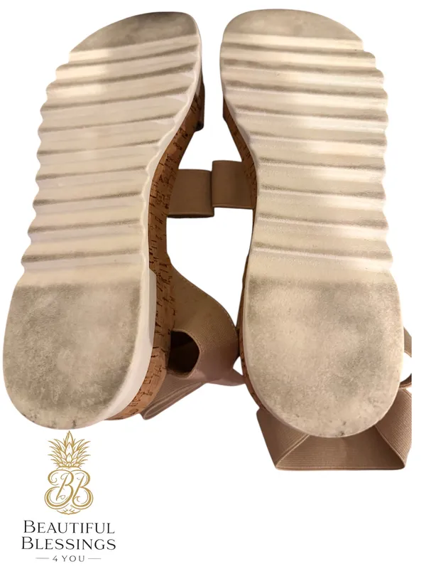 Steve Madden platform Sandals Women 8.5 Beige Elastic Strap Cork Wedge Comfort - Image 8