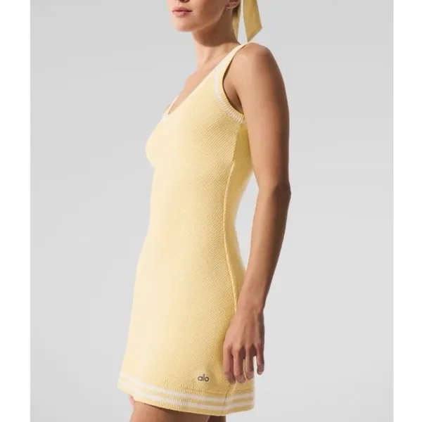 Alo Yoga Tennis Club Sweater Knit Dress White/Warm Butter Yellow Size XXs RARE - Image 4