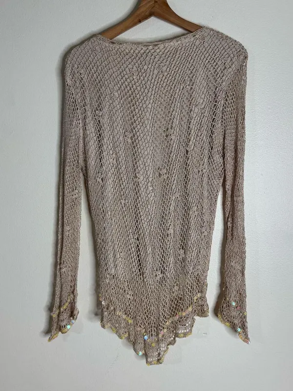 R & M Richards Y2K Beige Crochet Knit Fairycore Long Sleeve Top with Sequins Size L Festival - Image 10