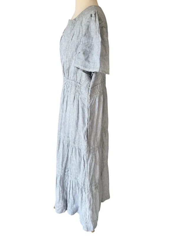 Quince 100% European Linen Tiered Maxi Dress Blue Pinstripe - Image 6