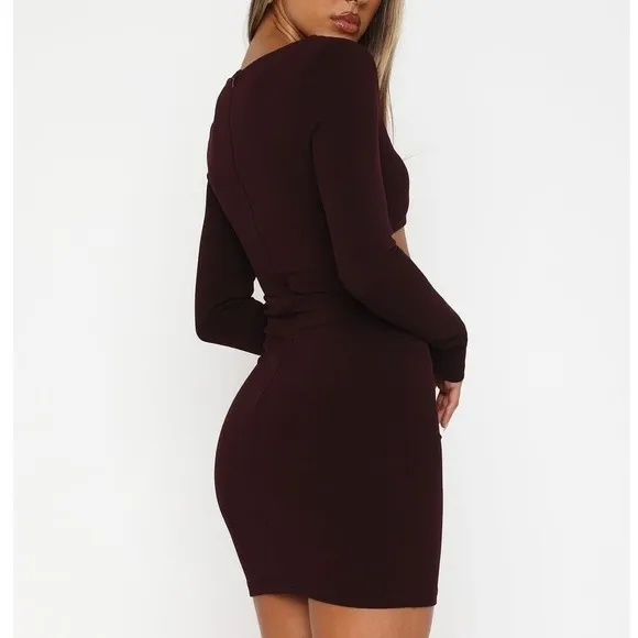 White Fox One‎ Desire Mini Dress Small Dark Burgundy Cutout Long Sleeve Beaded - Image 13