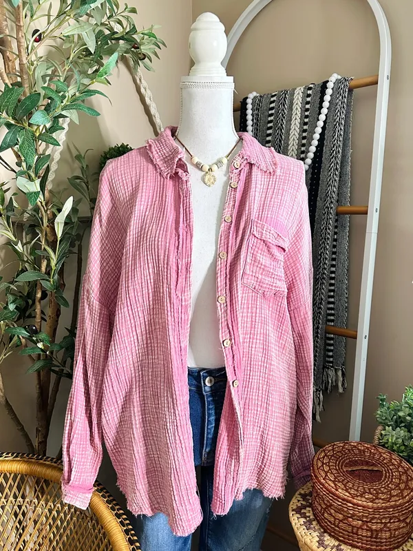 Zenana Pink Double Gauze Waffle Raw Hem Button Up Shirt - Image 3