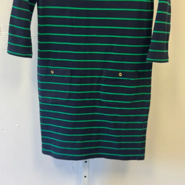 Adrienne Vittadini Navy Green Striped Shift Dress 3/4 Sleeve Pockets XS Casual - Image 4