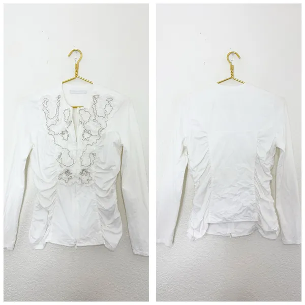 Anne Fontaine White Pima Cotton Ruffle Zip Up Night Top Size 42 - Image 2