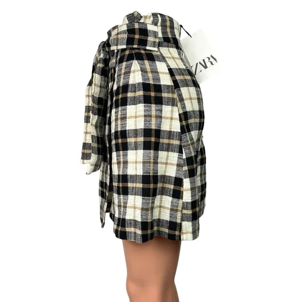 NEW Zara Black White Plaid Paperbag Tie Belt Preppy Checkered Wrap Mini Skirt XS - Image 2