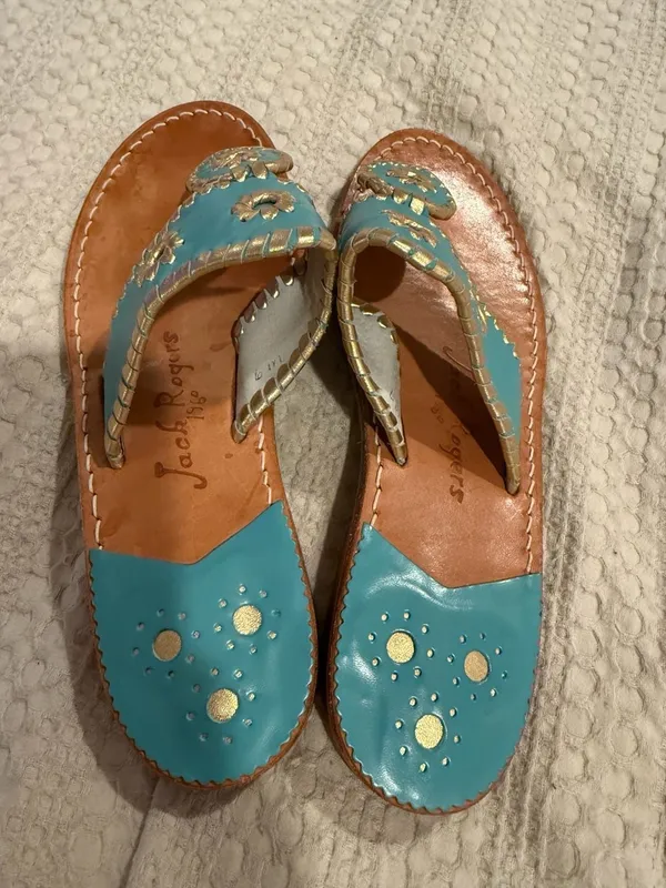 Jack Rogers Turquoise and Gold Leather Palm Beach Flat Sandals Size 6M - Image 3