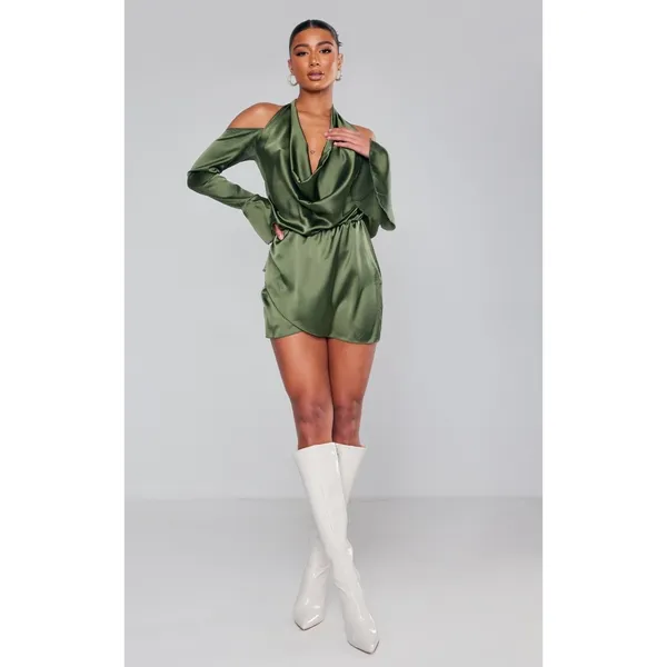 New PRETTYLITTLETHING Khaki Satin Cowl Cold Shoulder Bodycon MiniDress‎ Green 4 - Image 4